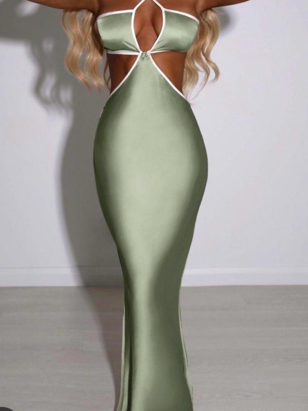 Babyboo Cutout Maxi Dress in Sage Green with White Trim